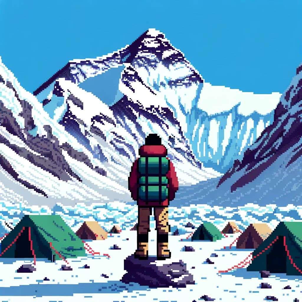 someone gazing at Mount Everest, pixel art